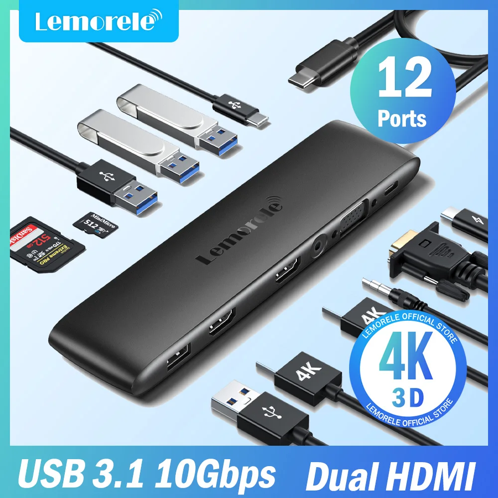 Lemorele Tc97 Hub Usb Usb 3.1 Dock Station Usbc A Dual Hdmi 4K 10Gpbs Adattatore Type-C 100W Vga Usbc 3.1 Per Macbook Windows