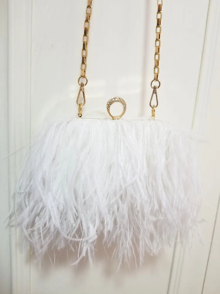 2022 Luxury Ostrich Feather Party Evening Clutch Bag Women Wedding Purses and Handbags Small Shoulder Chain Bag Designer Bag 