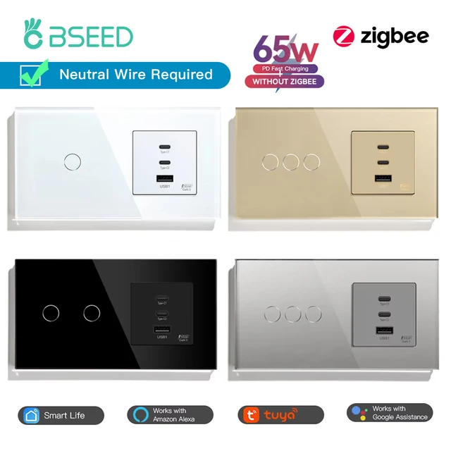 BSEED 1/2/3Gang 1/2/3Way Zigbee Light Switch Smart Wall Touch Switches Tuya APP Glass Panel plus 65W USB C Charge Without Smart