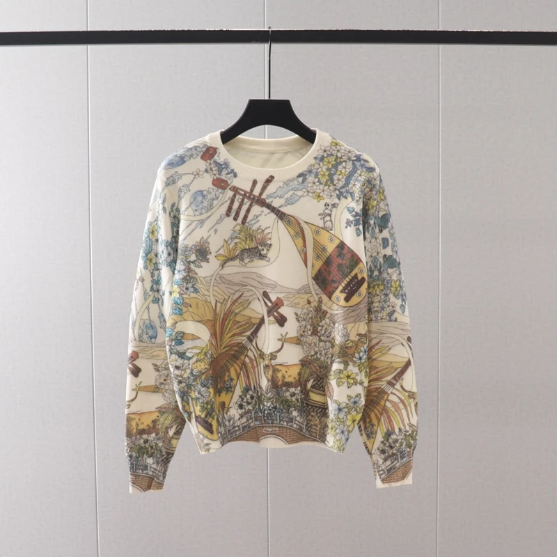 

Autumn and Winter New Kite Abstract Full Body Print Pattern Round Neck Long Sleeve Pullover Knit Bottom Sweater