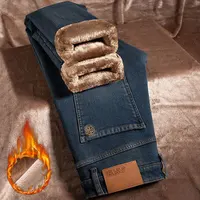 2024 Winter New Fleece-lined Thickened Men's Jeans Cold-Resistant Stretch Slim Fit Straight All-Matching Antifreeze Warm Pants 2