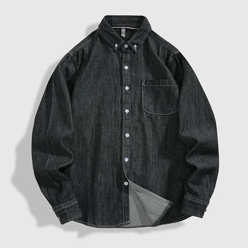 Cotton Comfortable Denim Shirt Men Autumn New Fashion Slim Long-sleeved Male Shirt Streetwear Classic Black Light Blue