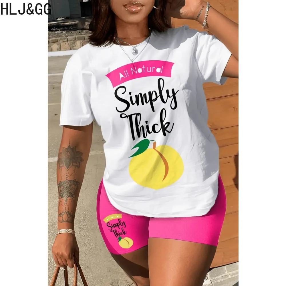 HLJ&GG Summer Pattern Letter Print Biker Shorts Streetwear Women Round Neck Tshirt And Shorts Two Piece Sets Female 2pcs Outfits