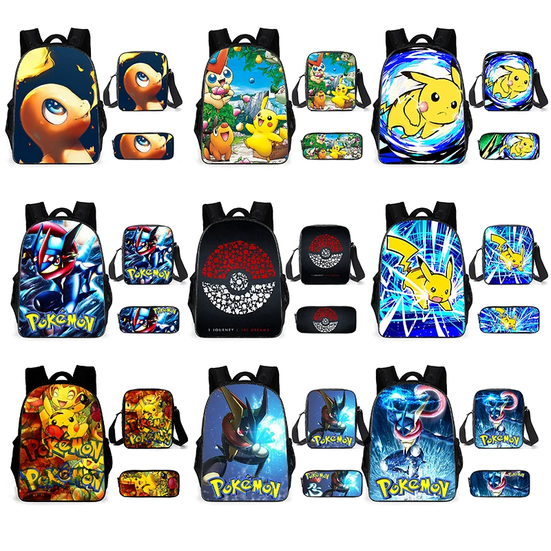 

Pikachu Pokemon School Bags Backpacks Anime Figures Kids Bags Capacity Travel Bag Pencil Case Student Book Bag Christmas Gifts