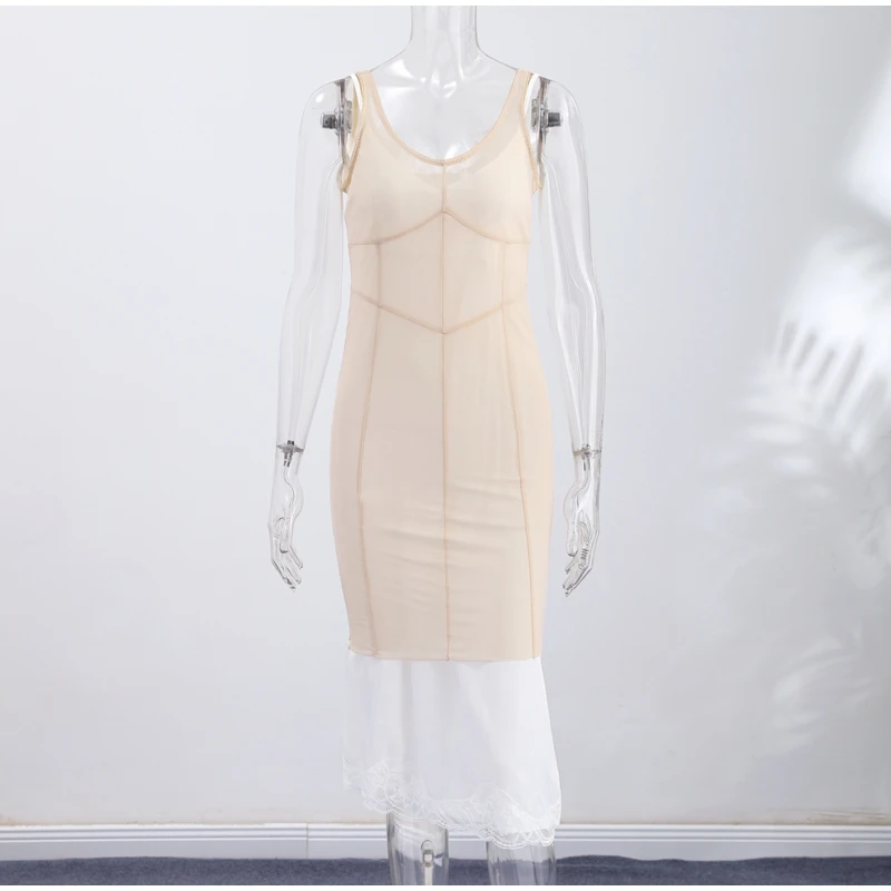 Sheer Mesh Overlay Spaghetti Strap Midi Dress Set Waist Cinched Sleeveless 2026 Summer Women Accessories Classy Lady Outfit