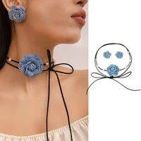 Gothic Big Rose Flower Clavicle Chain Necklace Earrings Lace Up Choker Necklace 1