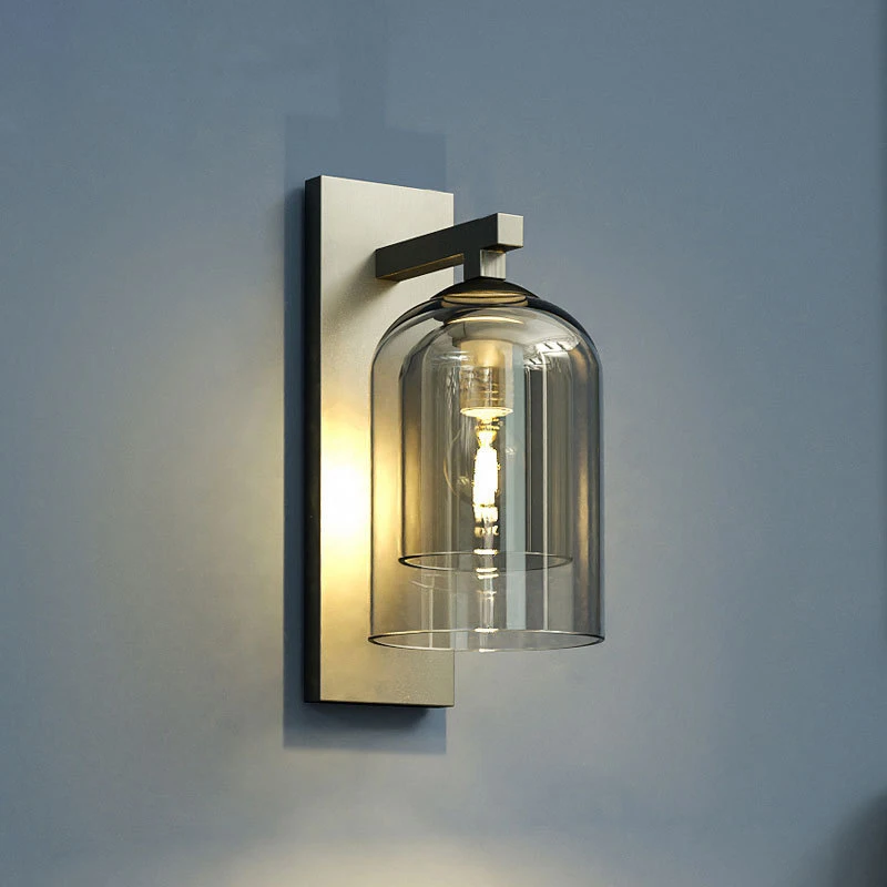 

Double Glazed Wall Lamps Smoky Gray Transparent Glass Lamp Modern Minimalist Bedroom Bedside Living Room Wall Hanging Lights E27