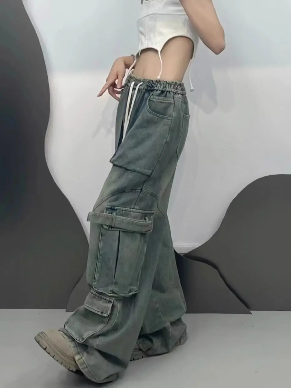 American trend 2024 new street summer loose fitting work jeans for men and women straight leg multi pocket casual pants y2k 2