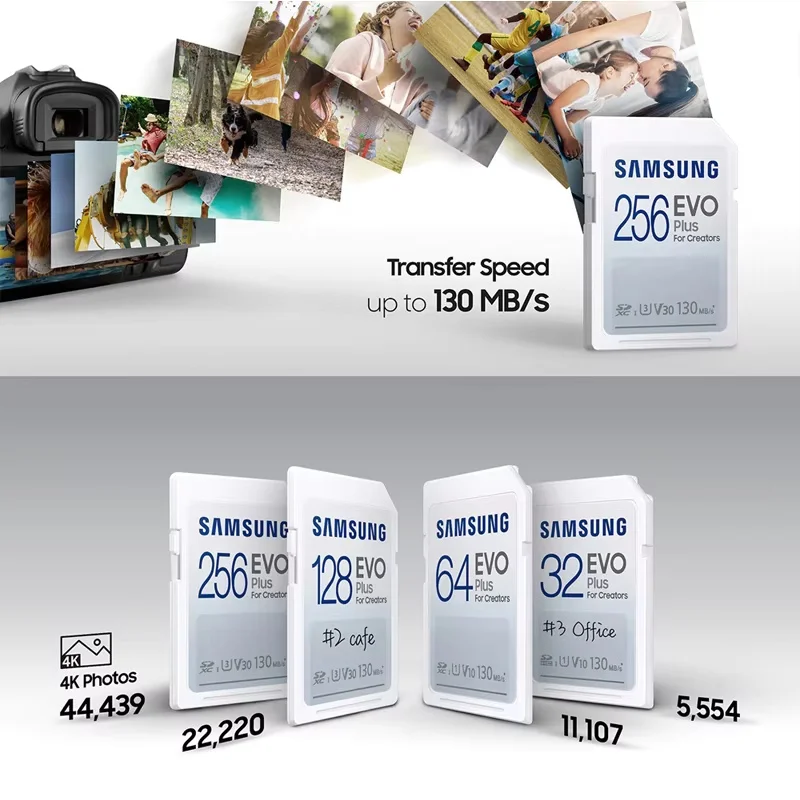 삼성 EVO 플러스 SD 카드 128GB 256GB SDXC V30 U3 2GB SDHC V10 C10 64GB U1 SD 메모리 카드 130MB/s 카메라용