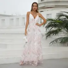 

Fashion Full Length Sexy V Neck Spaghetti Strap Floral Embroidery Prom Dress Wedding Party Gowns Backless Evening Vestidos 2022