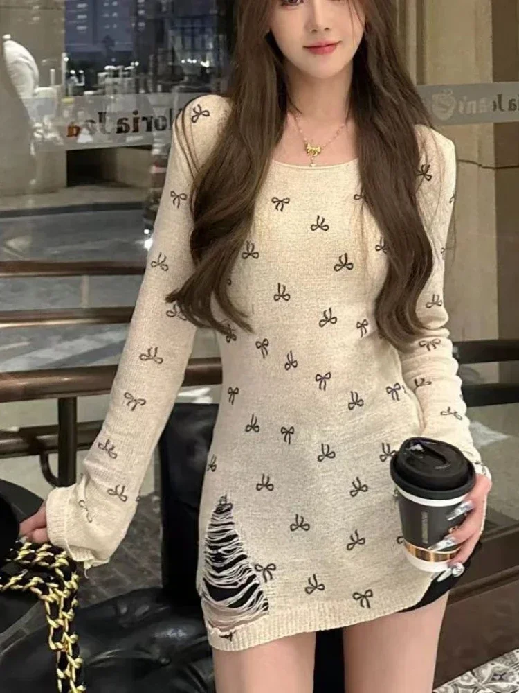 

HOUZHOU Coquette Sexy Sweet Sweater Women Korean Style Knitted Vintage Streetwear Bow Print Hollow Slim PulloversTops 2024 Y2k