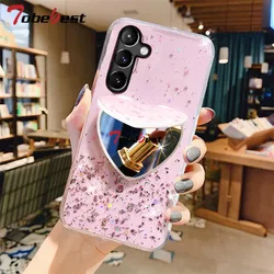 Glitter Heart Mirror Phone Holder Case with Sparkling Design and Holder Grip for A15 4G or A15 5G (Pink)