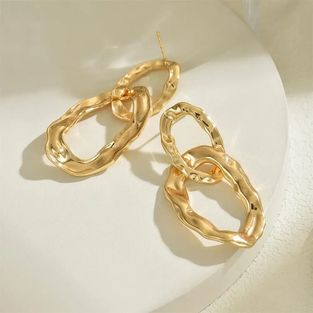 Vintage 18k Gold Plated Statement Dangly Circle Pierced Dangle Earrings Lava Textured Double Round Huggies Femal Jewellery Gifts