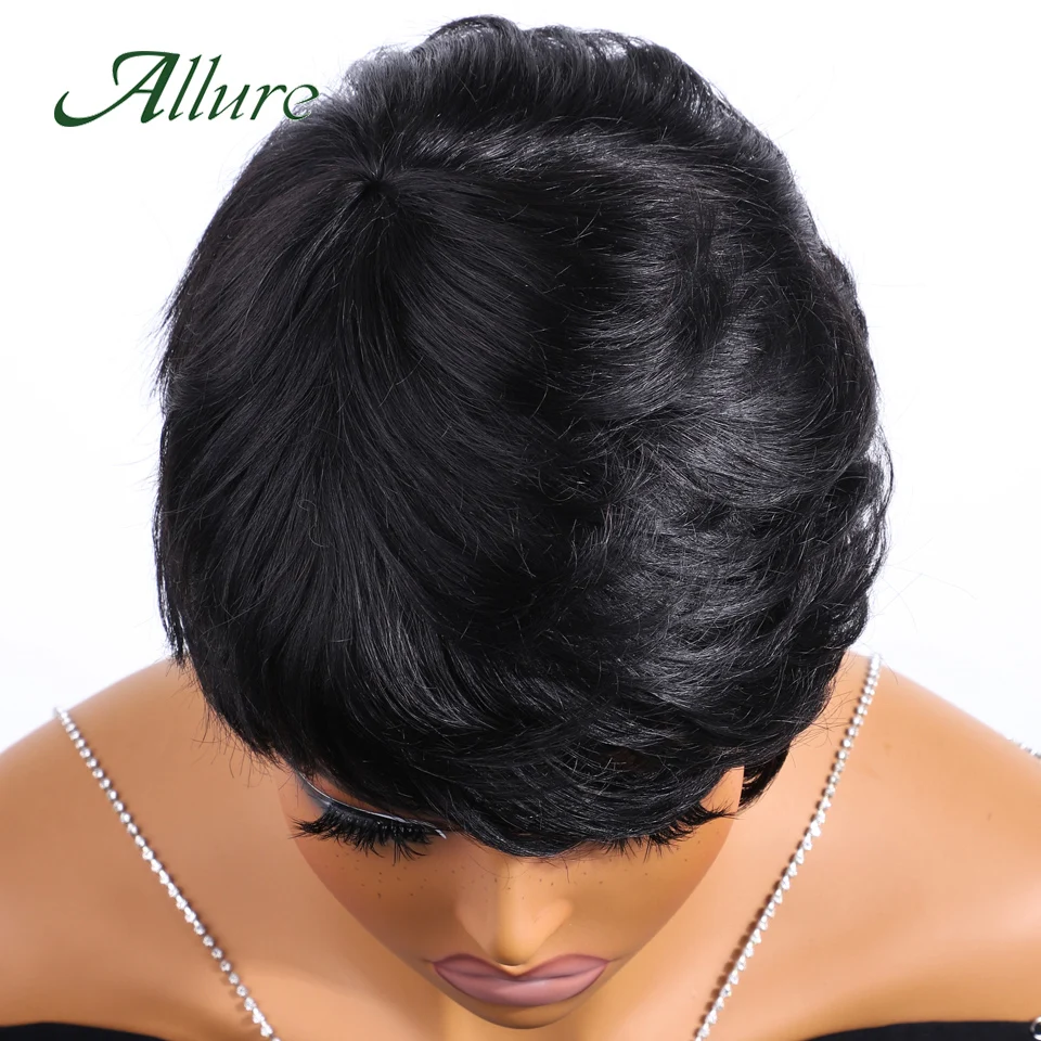 브라질리언 숏 스트레이트 픽시컷 인모 가발 앞머리 포함, 내추럴 블랙 컬러 머신메이드 여성용 가발, 매력적인 스타일
