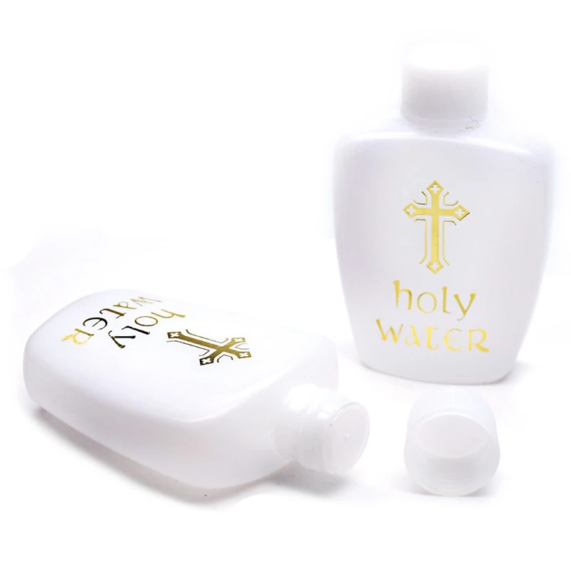 White Holy Water Bottle 60ml Plastic Gold Cross Print Religious Accessories
