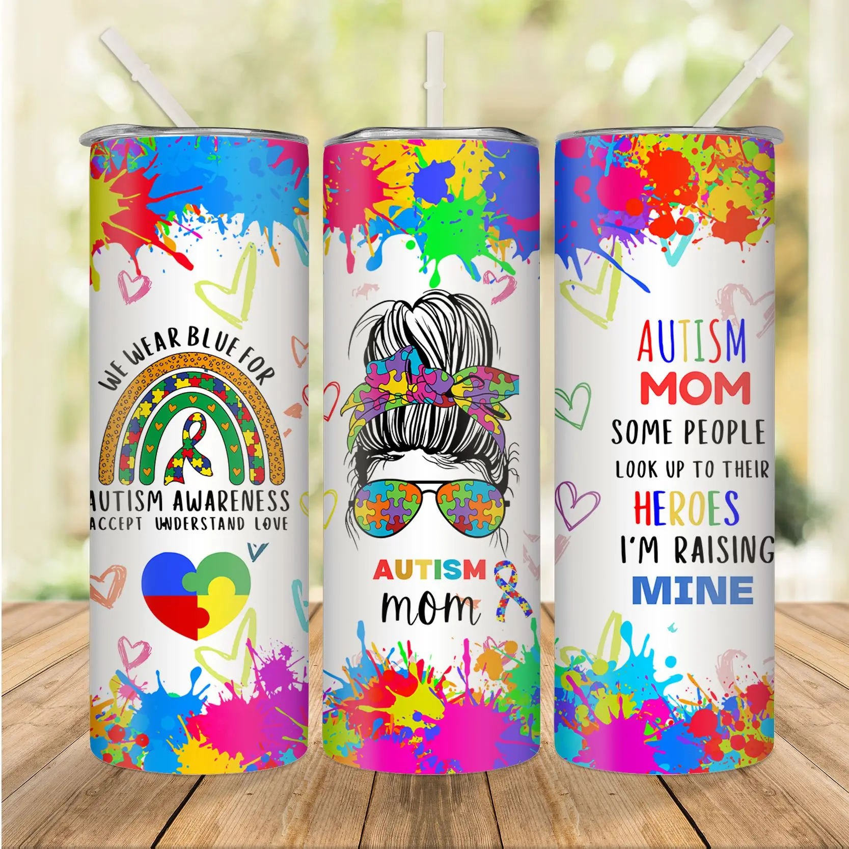 뚜껑과 빨대 달린 자폐증 엄마 텀블러, 스테인레스 스틸 물병, 절연 스트레이트..