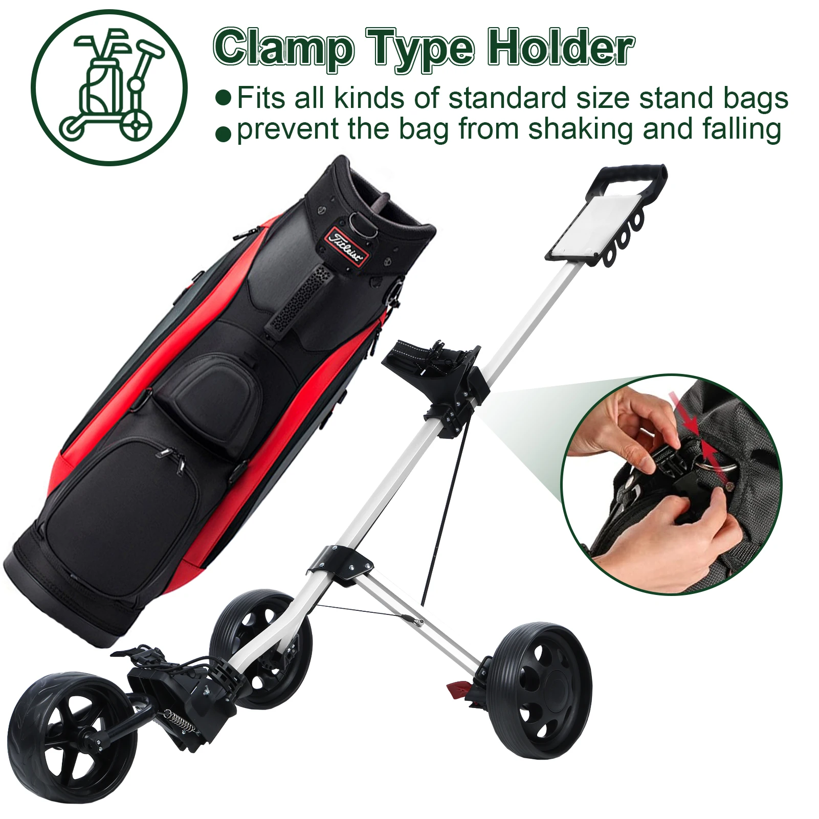 3 Wheel Golf Push Cart, Foldable Walking Golf Cart with Foot Brake Mechanism, Tee Holder, Scorecard Board, Scorer and Ball