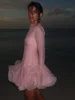 Luxury O Neck Pink Ruffle Button Female Vestidos Fashion Long Sleeve High Waist Prom Dresses Spring New Lady Short Evening Dress 5