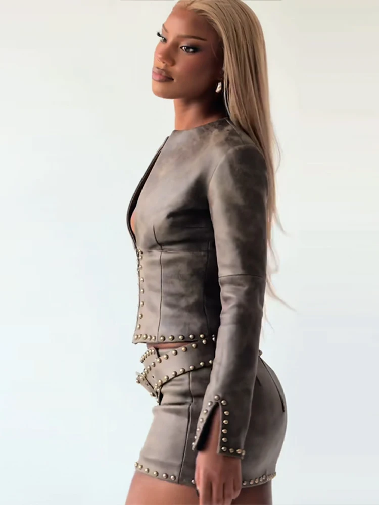 Tief Ausgeschnittene Metallische Kunstleder-Jacken Mini-Rock-Anzüge für Damen Sexy Langarm Reißverschluss Crop-Jacken Etuikleider Schicke Damen-Outfits – Detail 26