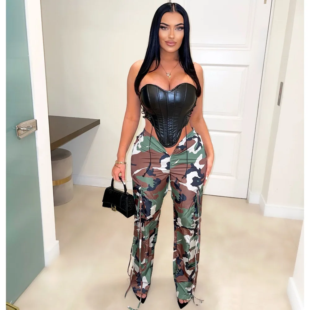 

Fashion Camouflage Ruched Low V-waist Pocket Side Cargo Trousers 2023 Women Sexy High Street Drawstring Style Asymmetrical Pants
