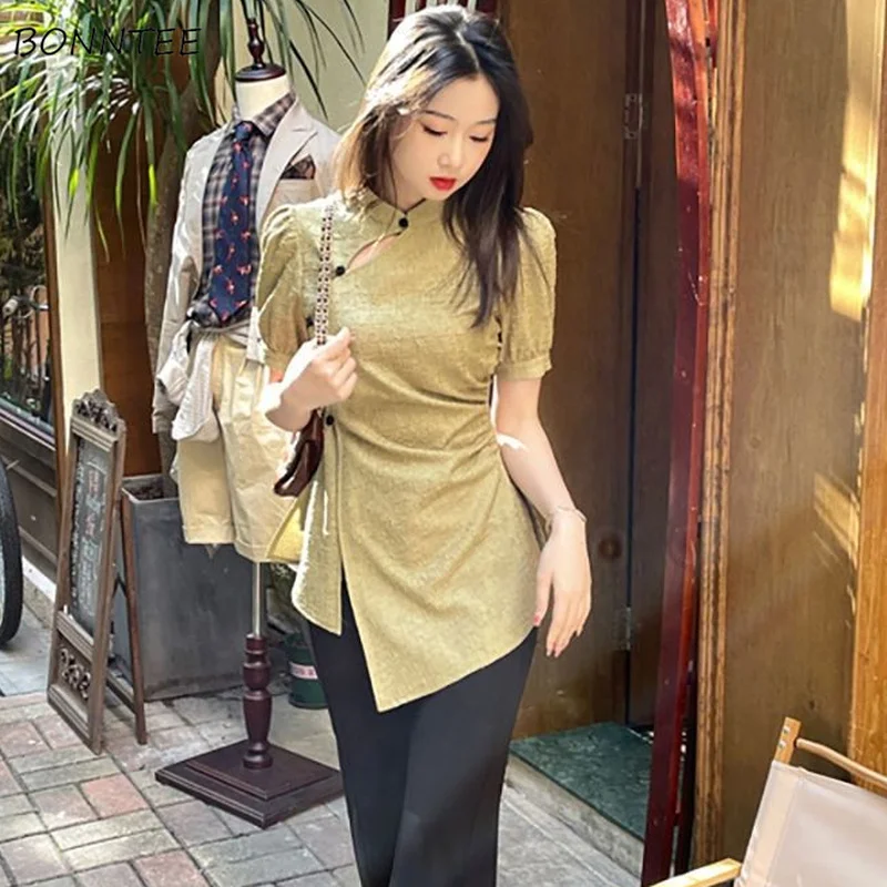 Retro Tshirts Women Slim Chinese Style Solid Irregular Chic Design