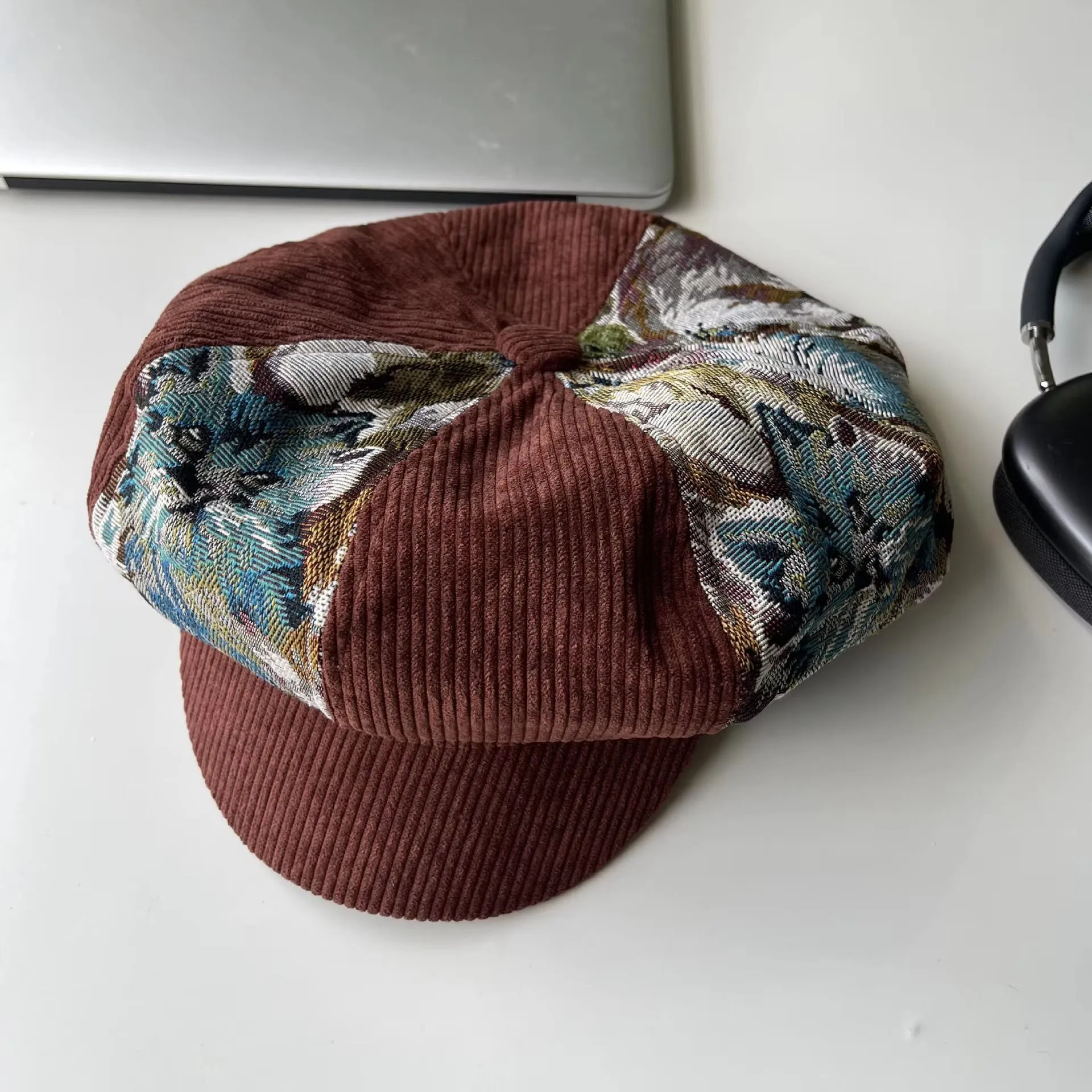 Women's Caps retro puppy patchwork beret fashionable jacquard corduroy artist octagonal hat Cap H303