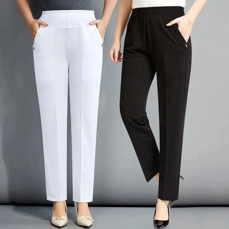 

6XL Middle-aged Women's Trousers High Waist Elastic Mother's Pants Loose Casual Straight Pants Summer Femme Thin Pants