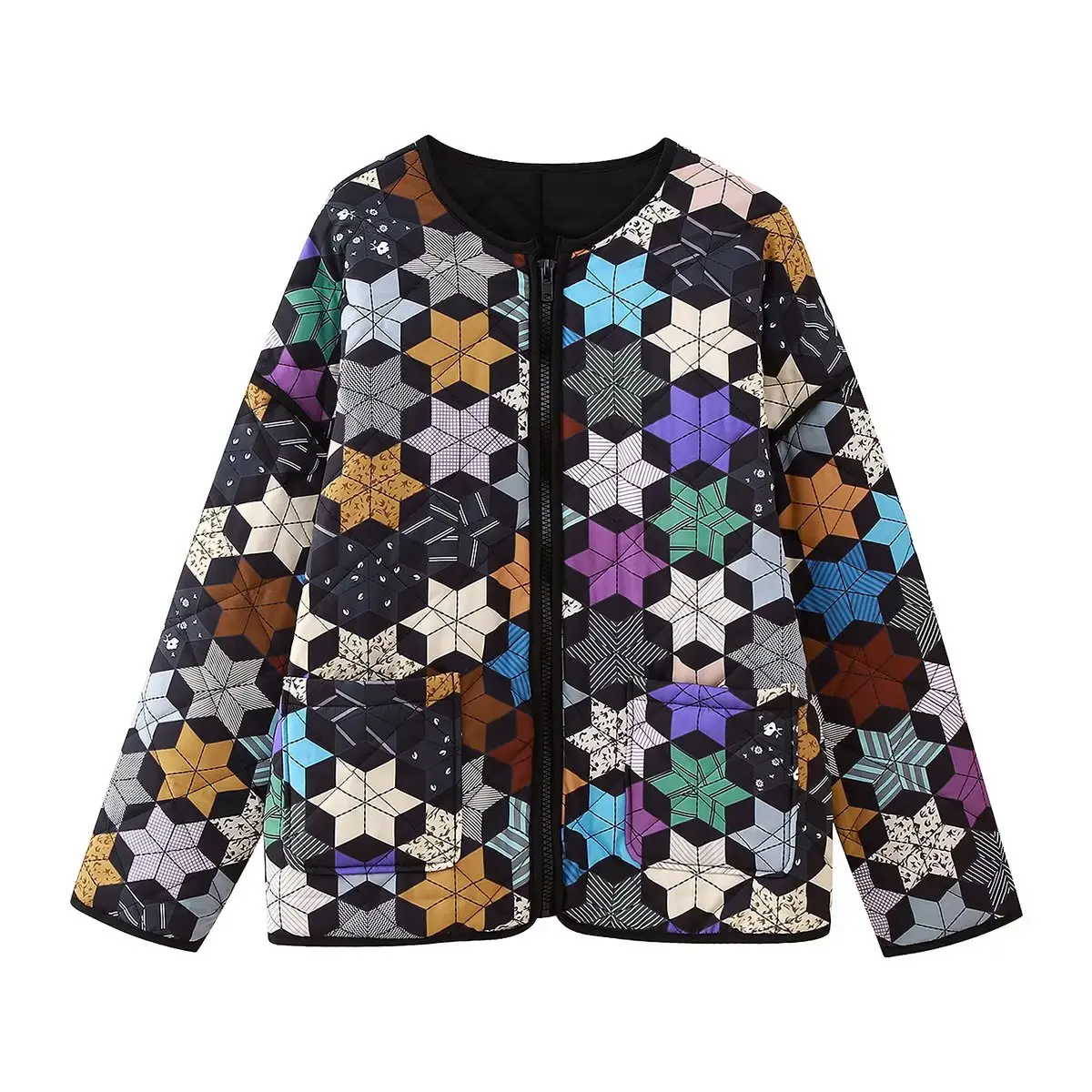 

Women New Fashion Quilted Cotton Jacket Vintage Long Sleeve Zipper Pocket Loose All-match Casual Female Outerwear Chic Tops