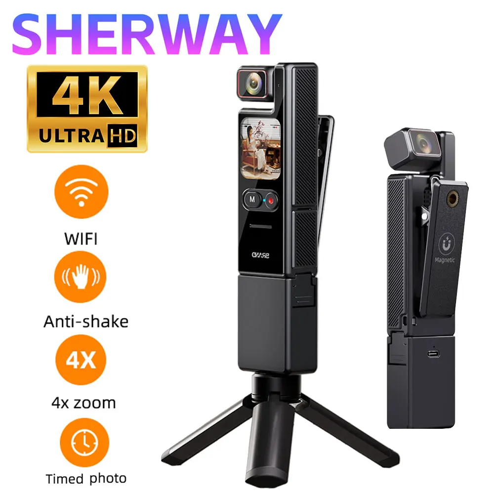 4K Pocket Action Camera 4x Zoom Touch Screen Anti-Shake Digital Vlogging Camera Waterproof HD Sports DV Portable Video Recorder