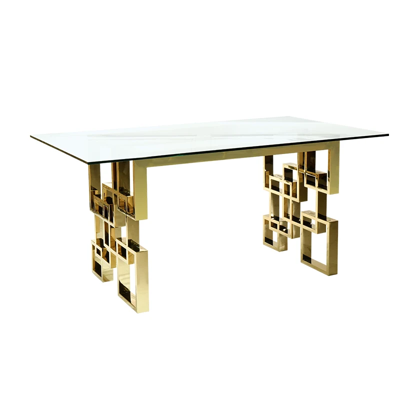 

Glass dining table rectangular modern minimalist household small-sized stainless steel dining table model room