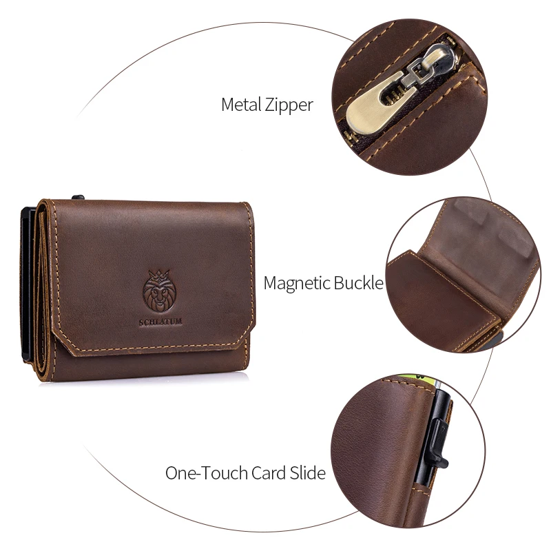 Genuine Leather RFID Blocking Minimalist Smart Wallet with Metal Card Holder