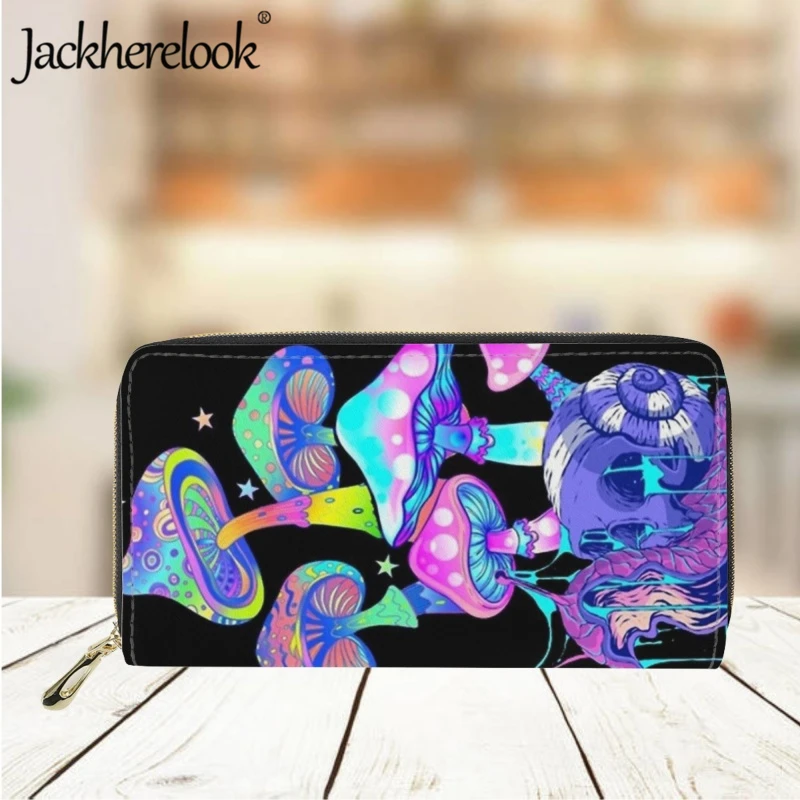 Jackherelook Fluorescent Psychedelic Mushroom Print Wallet Fashion Trend Ladies Long Leather Purse Card Holder Girls Money Bag