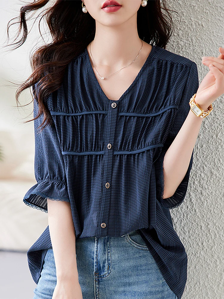 

BETHQUENOY Tops Women Elbow Sleeve Tshirts Femme Poleras Mujer Camisetas Front Button Up Casual Loose T-Shirt Woman Clothes 2023