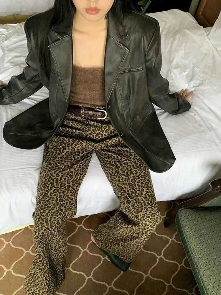 Y2K Spring New Leopard Pattern Loose Women Jeans Street Slim Chicly  Fashion Woman Jeans Casual Retro High Waist Pants Female