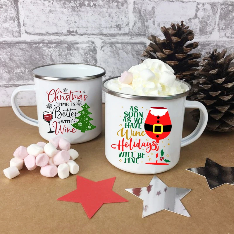 

Santa Tree Print Creative Christmas Party Wine Juice Cups Decor Coffee Tea Drink Milk Cup Enamel Mugs Handle Drinkware Xmas Gift