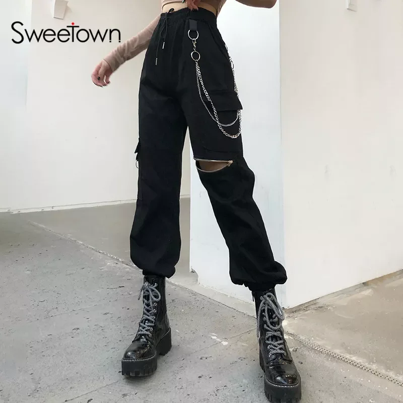 

Goth Black Cargo Pants Women Punk Style Metal Chain Girl Clothes Zip Open Hippie Elastic High Waist Streetwear Jogger
