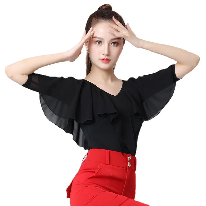 2023 NEW Adult Women International Ballroom Costume Modern Latin Dance Top Lady Sexy V-neck Mesh Sleeve Fabric Girls Dancewear