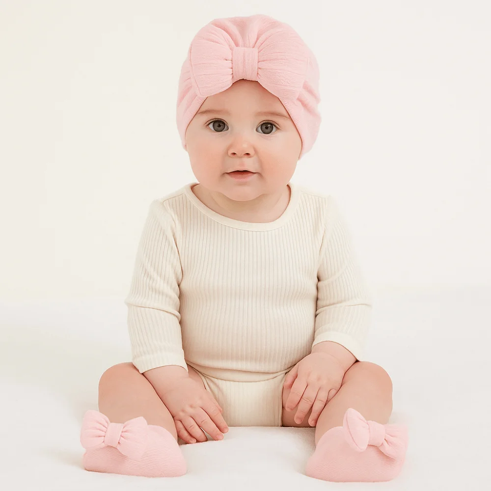3Pcs/Set Headwear Bow Baby Hat Socks Set Cotton Solid Color Baby Fetal Cap 0-12 Months Keep Warm Newborn Turban Hat Autumn