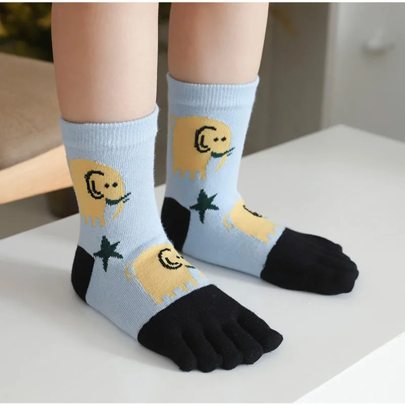 5 Pairs 3-6-12Y Children Pure Cotton Toe Socks Cute Animal Elephant Star Cartoon Five Finger Socks for Baby Boys Girls Gift