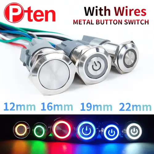 12 16 19 22mm With Wire Waterproof Metal Push Button Switch  LED Ring/Power Light Momentary Latching   5/12/24/220V silver1NO1NC
