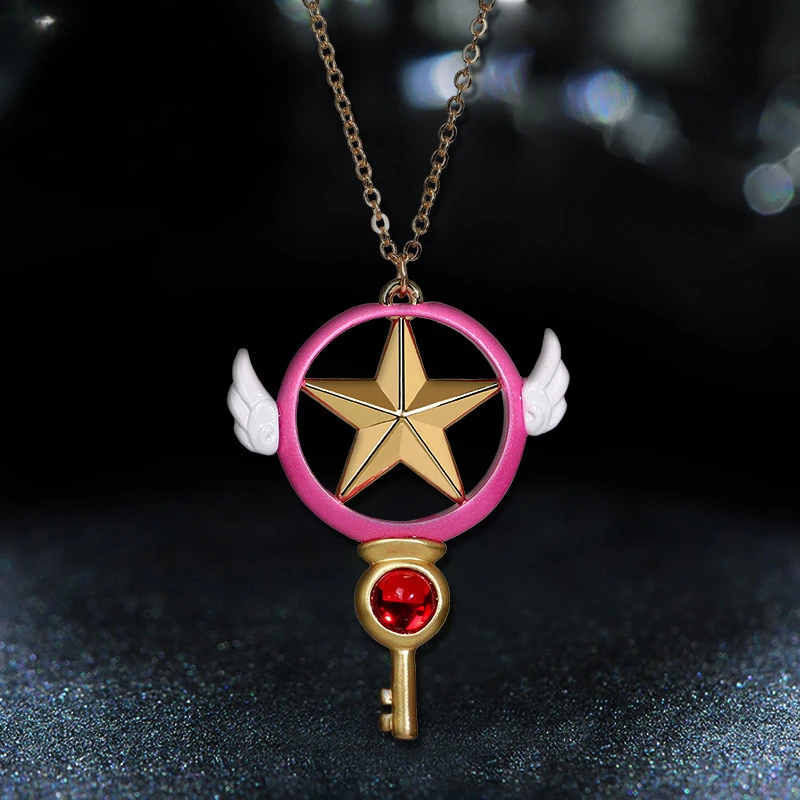 

Anime Kinomoto Sakura Necklace Five Pointed Star Key Magic Wand Necklace Wing Pendant Women Cute Cosplay Jewelry Accessories