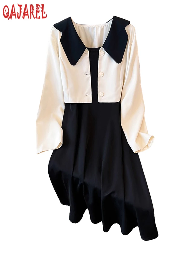 

2023 White Long Sleeve Doll Collar Bow Top Coats+Black Sling Long Dress Suits Women Autumn Winter Korean Elegant Two Piece Sets