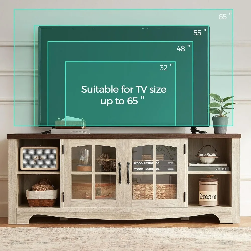New2025-Farmhouse TV Stand for 65 Inch TV, Wood Entertainment Center with Glass Door Storage Cabinet & Adjustable Shelves, Large