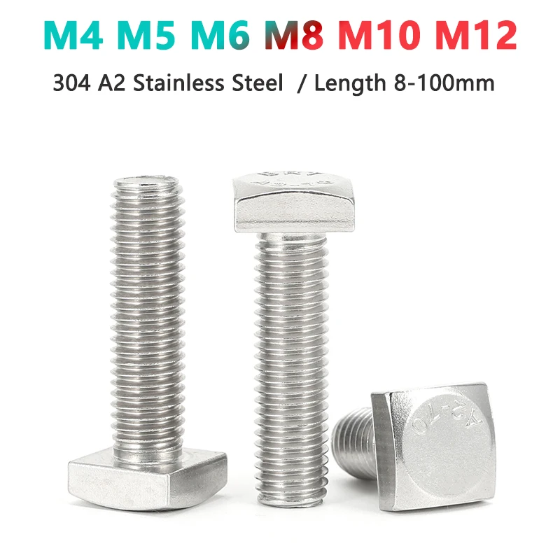 

M4 M5 M6 M8 M10 M12 304 Stainless Steel Square Head Bolts Screw GB35 Length 8 10 12 16 20 25 30 35 40 45 50 55 60 70 80 90 100mm