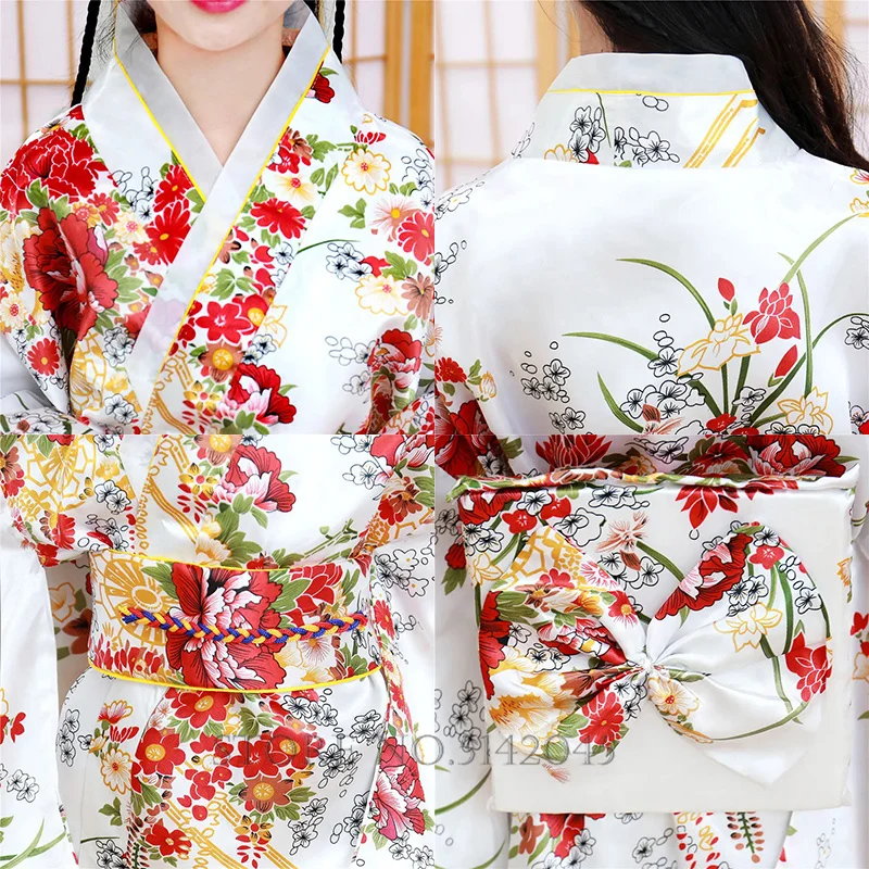 Japan Kimono Traditional Yukata Kids Girls Novelty National Dress Satin Luxury Oriental Bath Robe with Obi Performance Costume