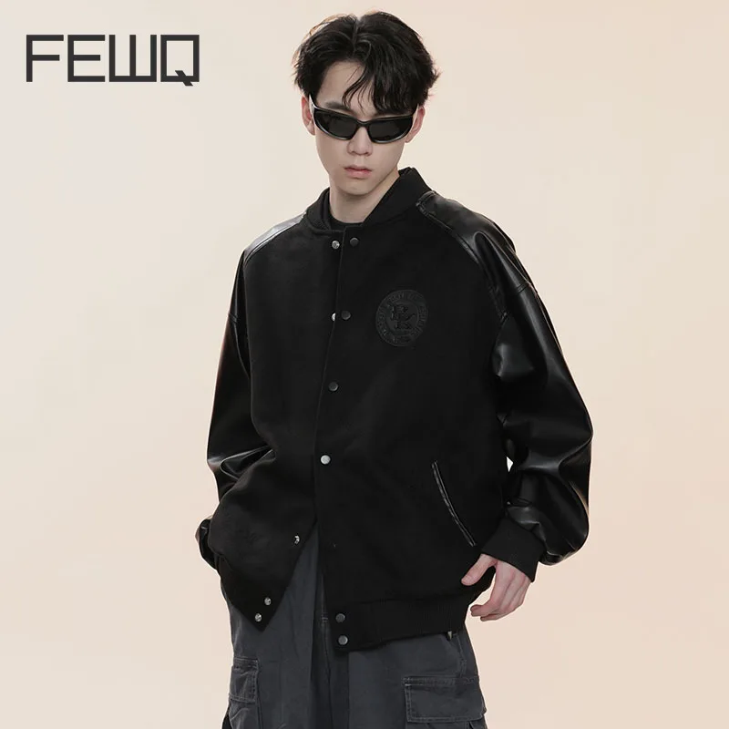 

FEWQ Spliced Leather Men's Short Jackets High Street Baseball Coats Korean Fashion Male Outerwear Autumn 2023 Trendy New 24B3250