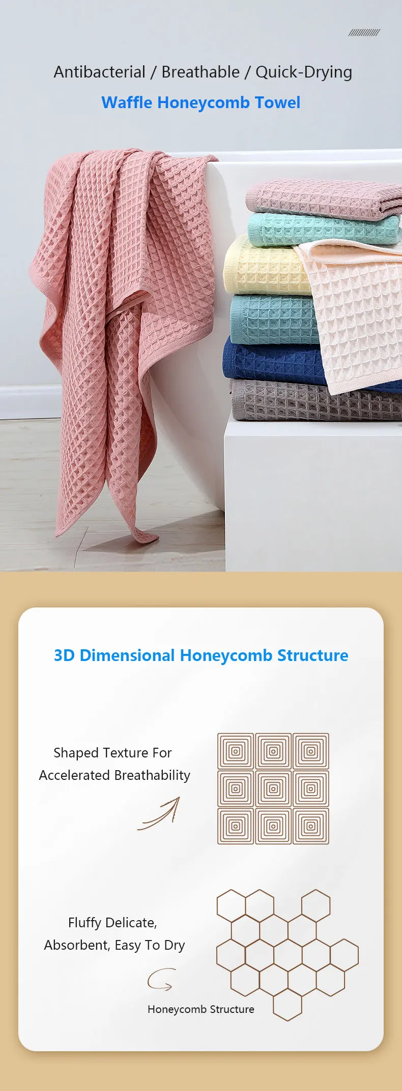 Premium Cotton Waffle Towel Set - Ultra Absorbent Bath  Hand Towels Quick Dry Lint Free