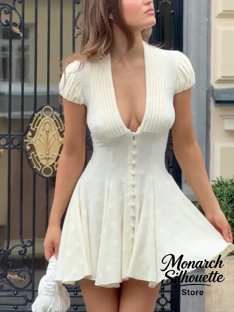 White Polka Dot Mini Dress With Deep V-Neck, Puff Sleeves And Front Buttons — photo 1