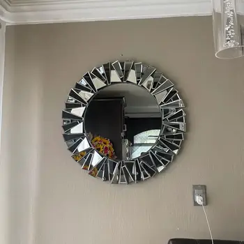 Unique Sunburst Decorative Wall Mirror Round 800MM Silver Beveled Glass Accent Mirrors Bathroom 1