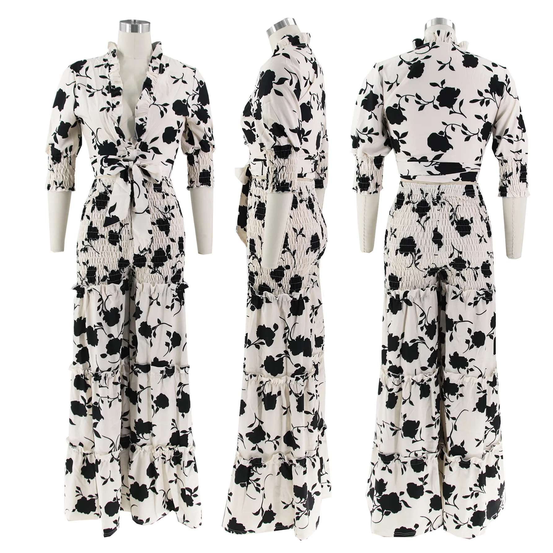 Plus Size Elegant Sets Flower Print Tops And Wide Leg Pants Female Fashion Women Casual Cloth 2023 Summer Two Piece Matching Set